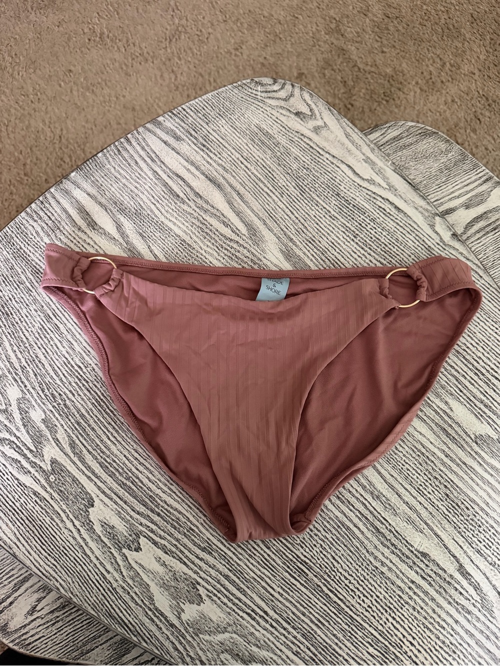 Shade & Shore Ribbed Bikini Bottom XL Mauve Pink Gold Rings